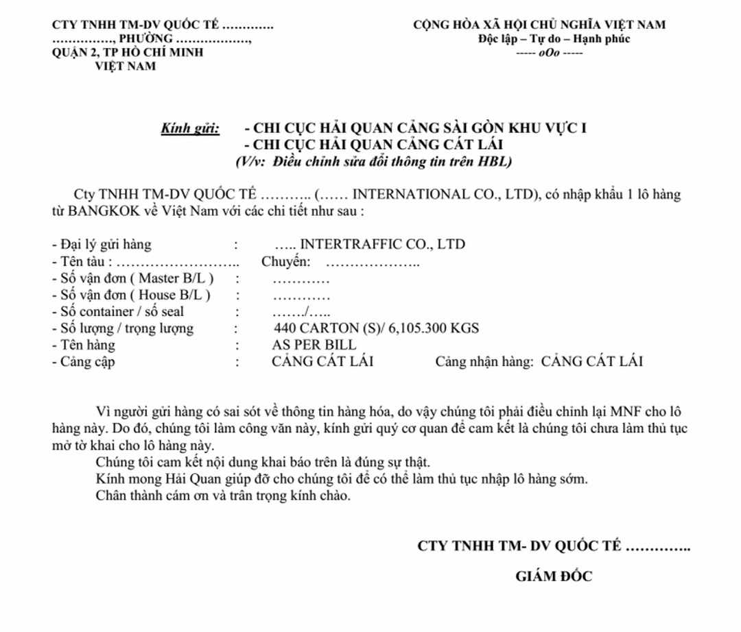 Công văn cam kết chưa mở tờ khai của Consignee